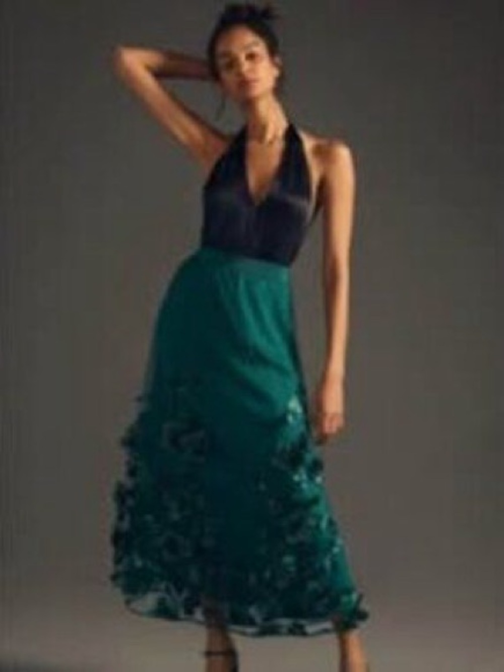 Anthropologie Green Floral Appliqué Tulle Maxi Skirt